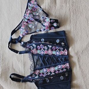 Unlined Bejeweled Embroidery Corset Top and Thong